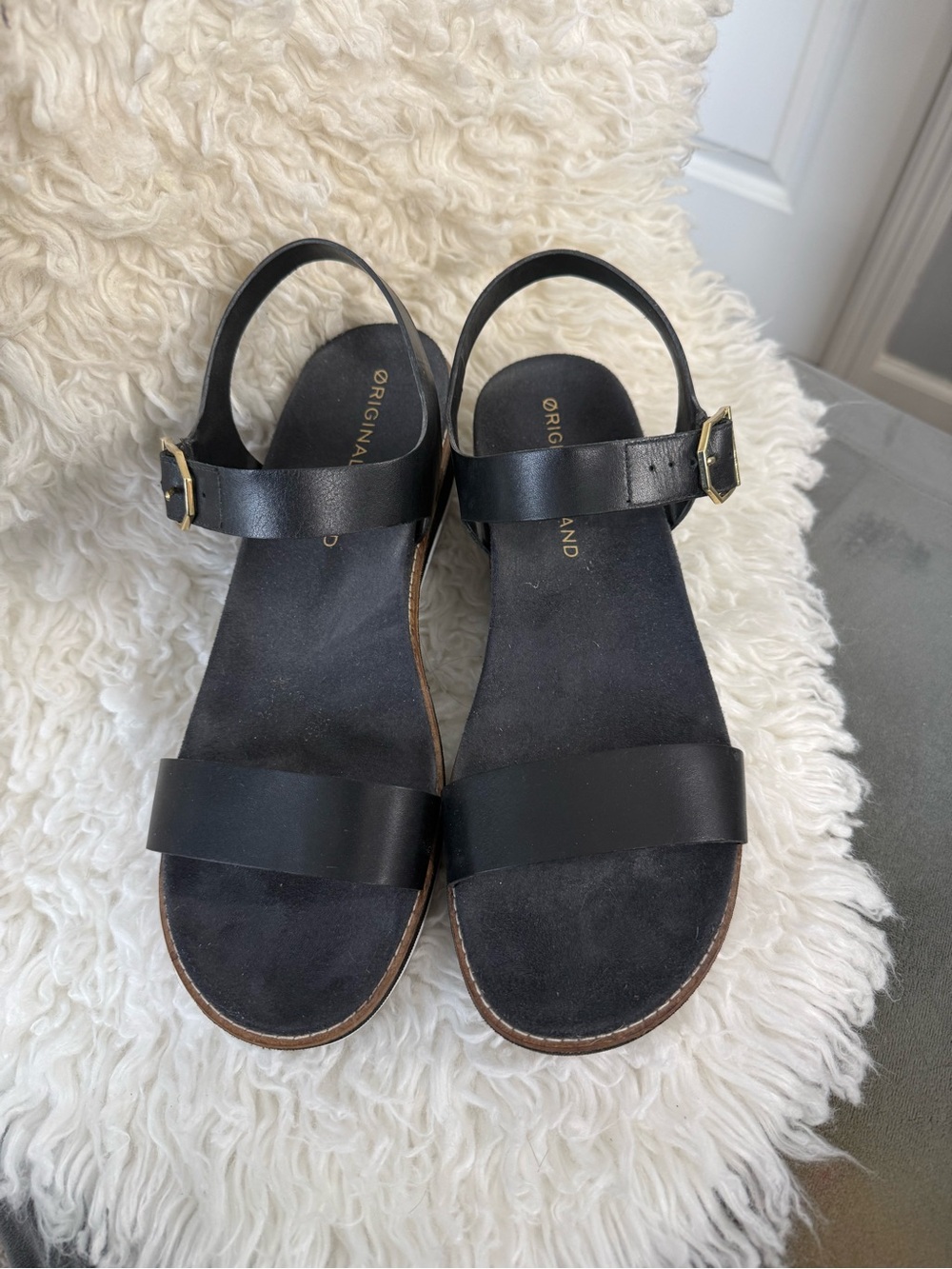 Cole Haan Grand 360 Black Leather Two-Strap Sandals with Gold Buckle